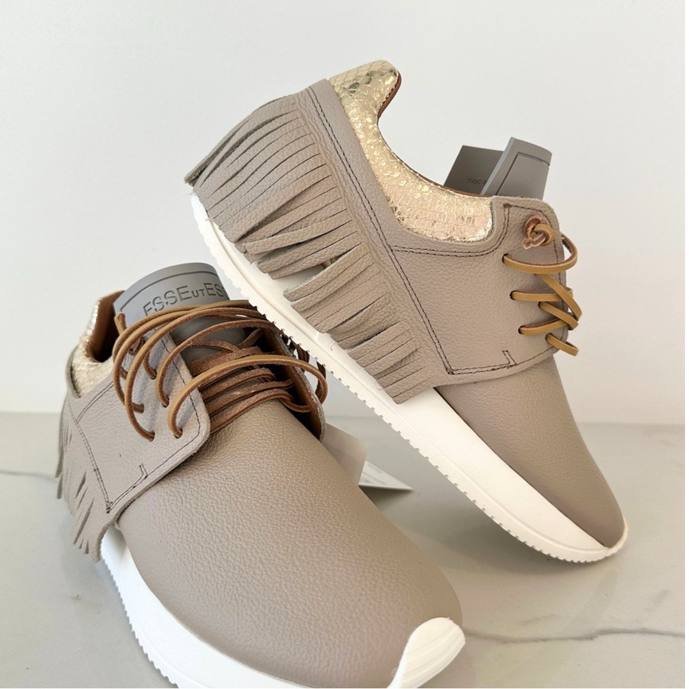 Women's Beige Fringe Leather Sneakers - Casual Chic - Picture 4 of 15